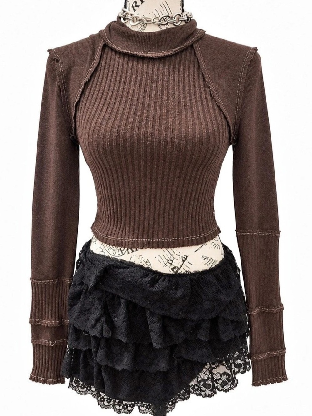 BDG Sunray Seamed Mock Neck Top Brown & Black Medium